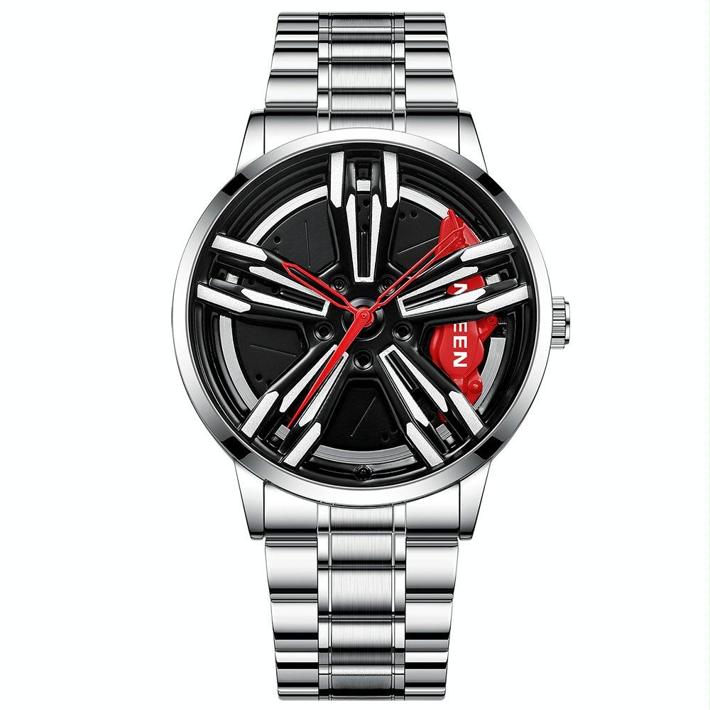 Men Metal Motorcycle Watch with Rotating Hub - White Steel Red Surface