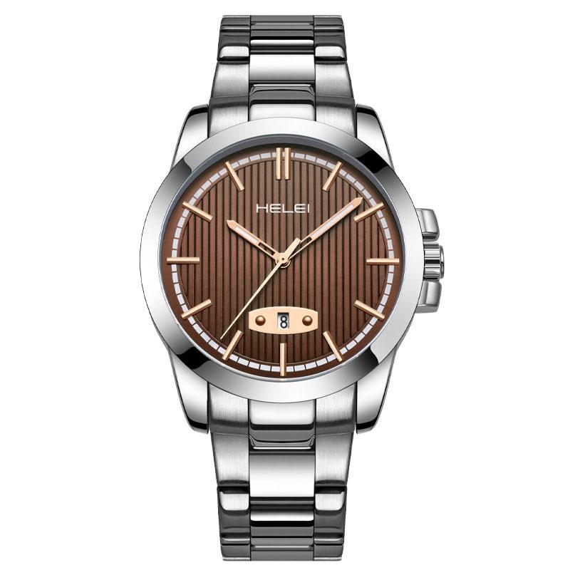 Waterproof Men Quartz Watch with Stainless Steel Band and Automatic Display - Dark Brown