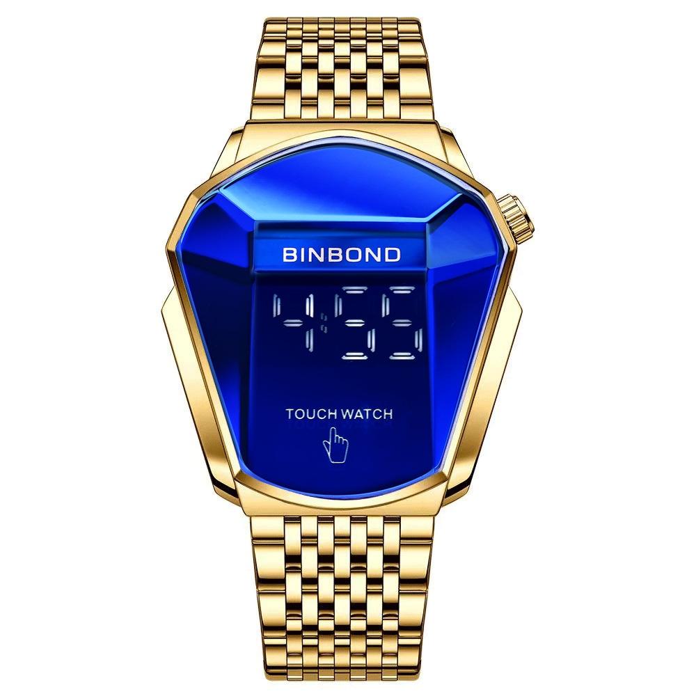 V562-C1057262020DBT-202508282116-00 Black Steel Touch Screen Men Watch with Locomotive Concept - Full Gold Blue - Image 1