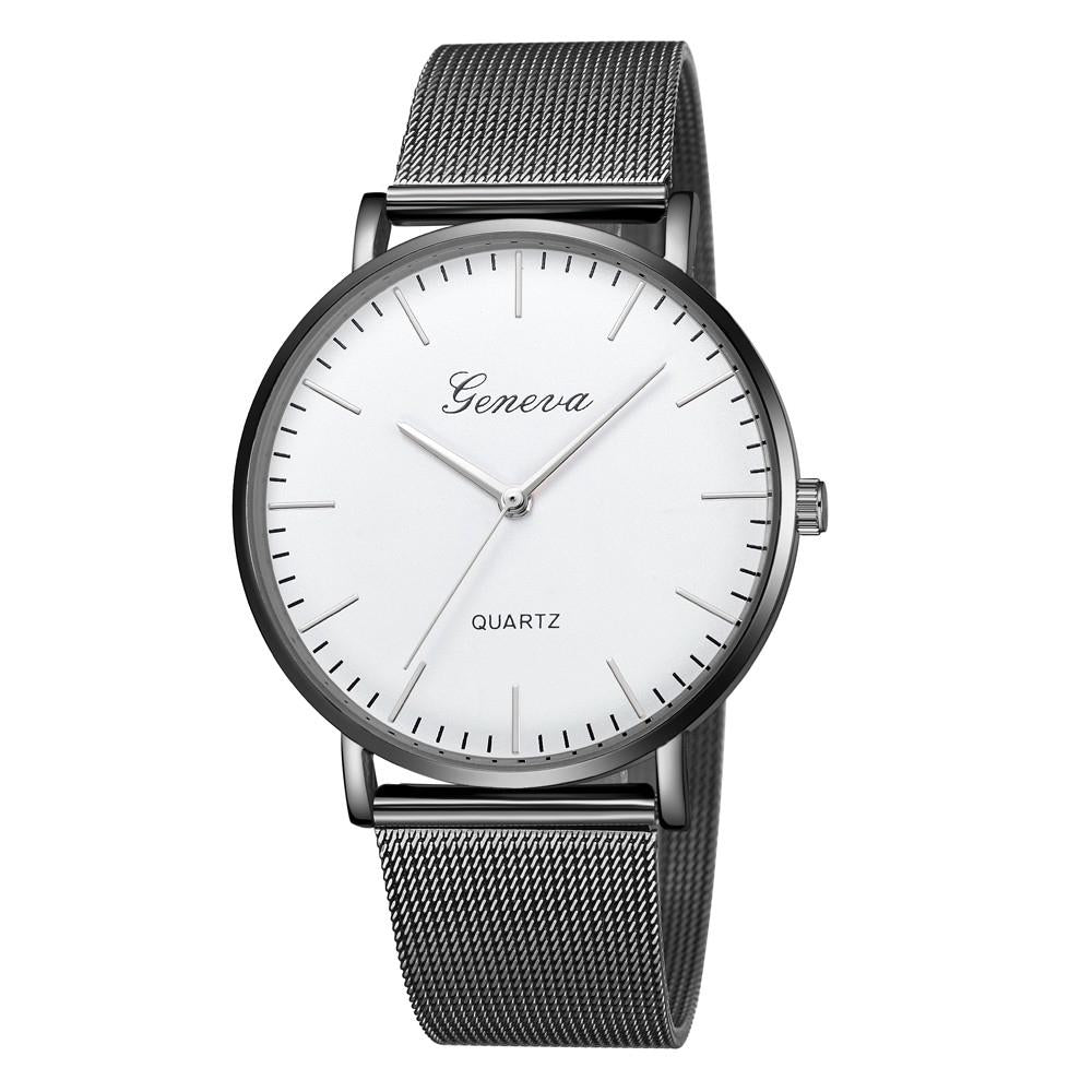 Stainless Steel Mesh Unisex Quartz Watch - Black Shell White Dial Silver Needle