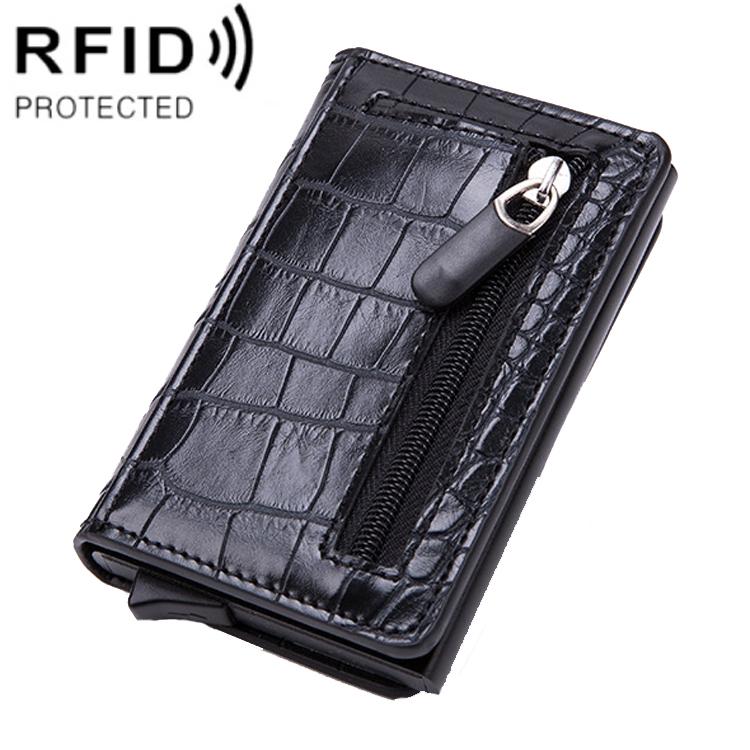 V562-D1009682950DBT-202508281316-00 Stainless Steel Rfid Credit Card Holder - Compact Design - Crocodile Grain Black - Image 1