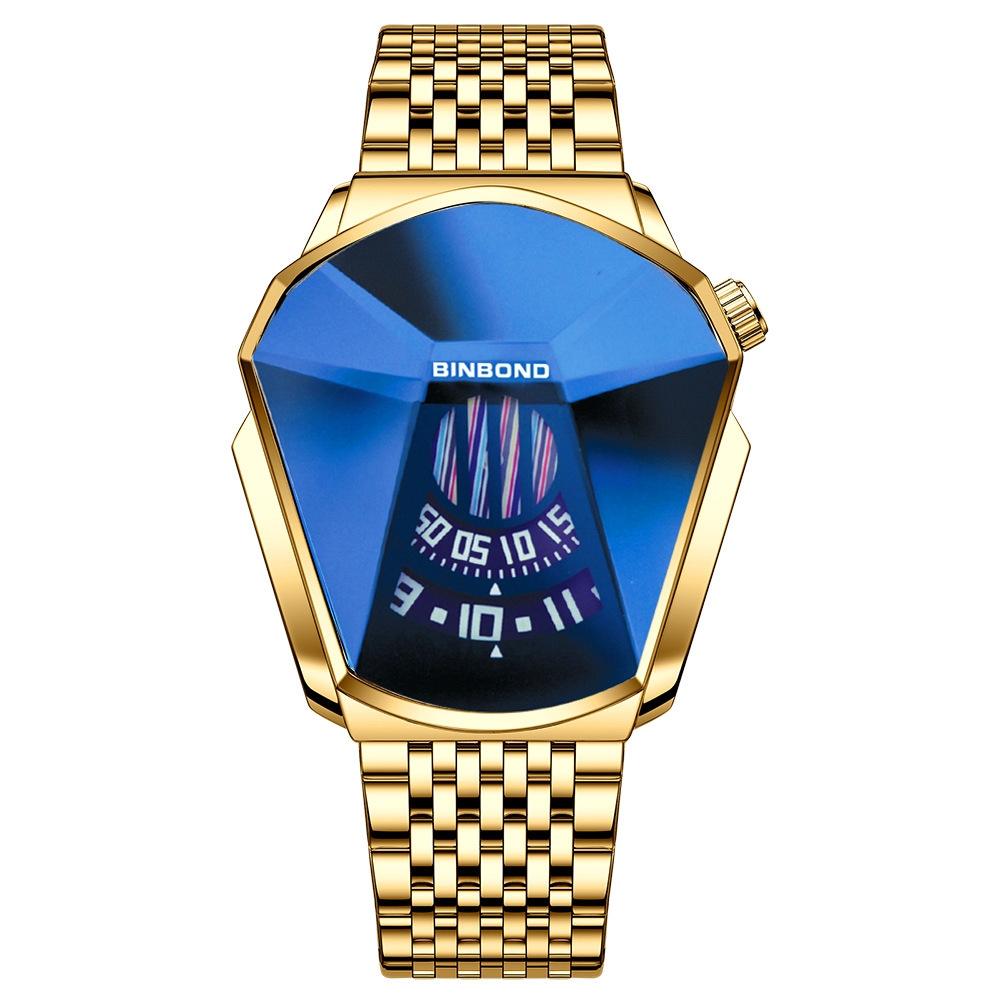 Men Diamond Dial Quartz Watch - Locomotive Concept - Full Gold Blue Surface