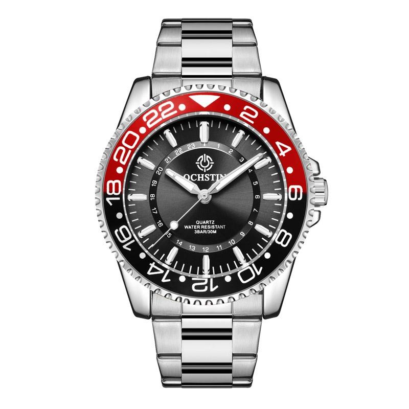 Waterproof Luminous Men Watch with Steel Strap - Multifunctional - Black Red + Silver