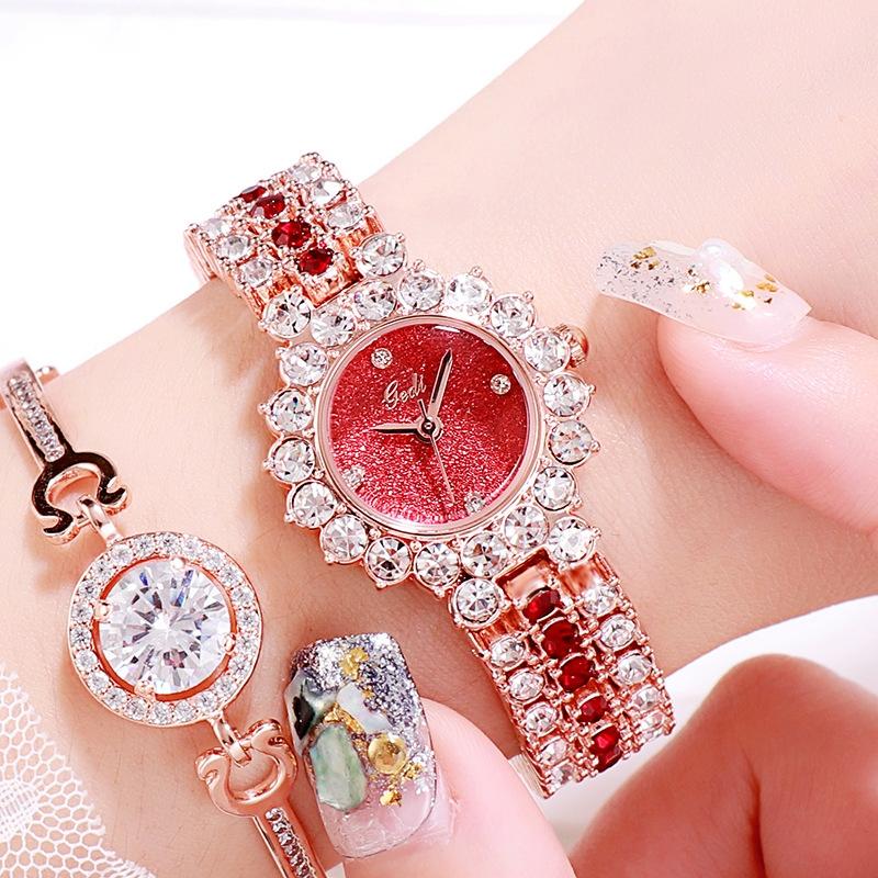 V562-D1051738550DBT-202508282130-00 Women Quartz Bracelet Watch with Diamond Accents - Rose Gold Shell Red Plate - Image 1