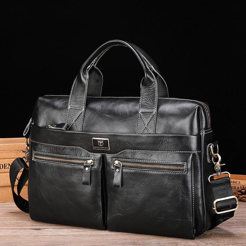 V562-D1055095060DBT-202508291011-00 Large Capacity Retro Cowhide Briefcase - Black Metal - Image 1