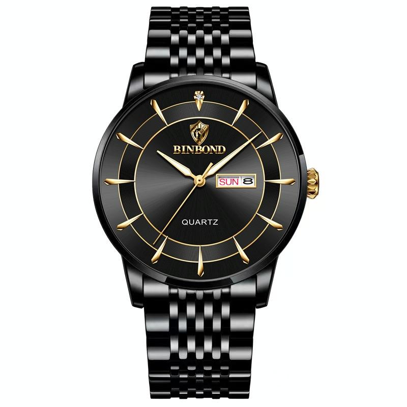 Waterproof Quartz Men Watch with Luminous Butterfly Buckle and Steel Belt - 30m - Black Steel-Black