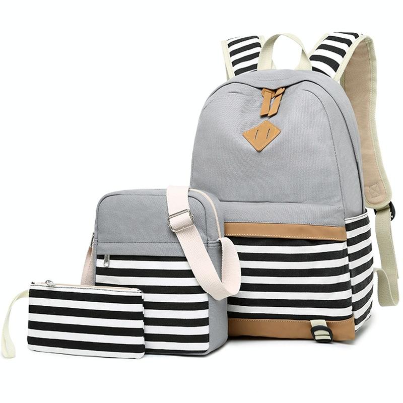 V562-E1065805850DBT-202508281741-00 Printed Canvas Backpack Set - 3 Pieces - Grey - Image 1