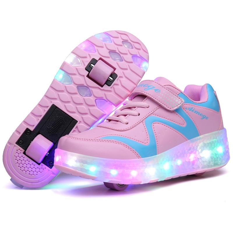 V562-F0493GO-202508271752-00 Rechargeable Double Wheel Roller Skating Shoes - Pink Size 34 - Image 1
