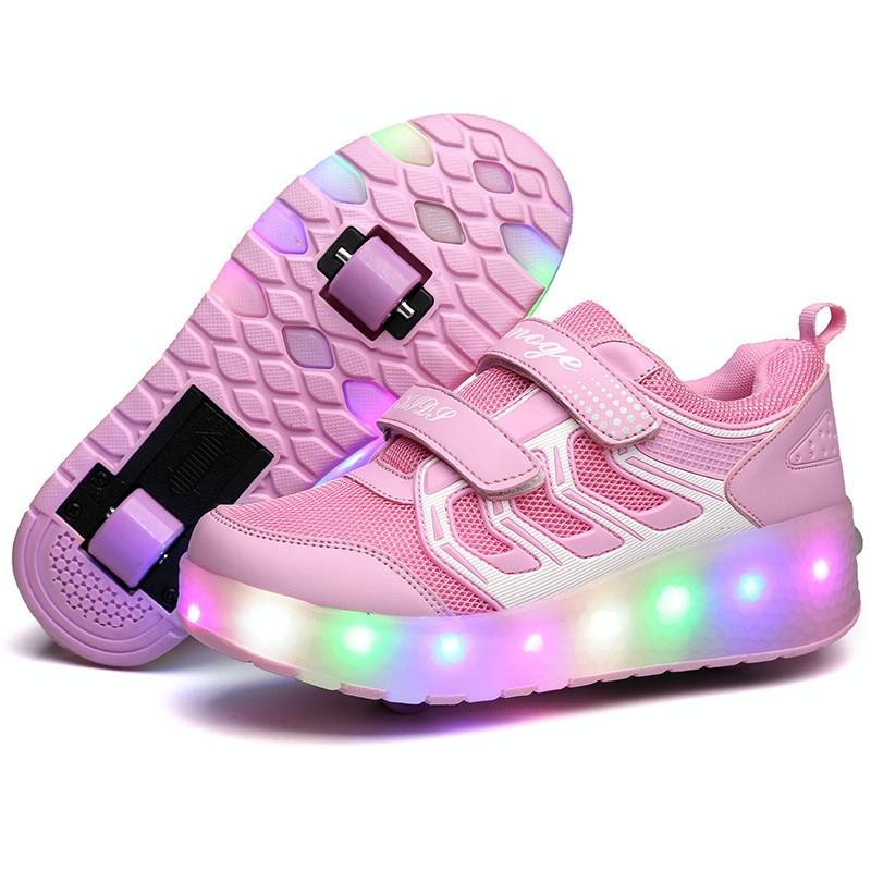 V562-F0693GO-202508281552-00 Rechargeable Double Wheel Roller Skating Shoes - Ultra Light Mesh Size 28 - Pink - Image 1