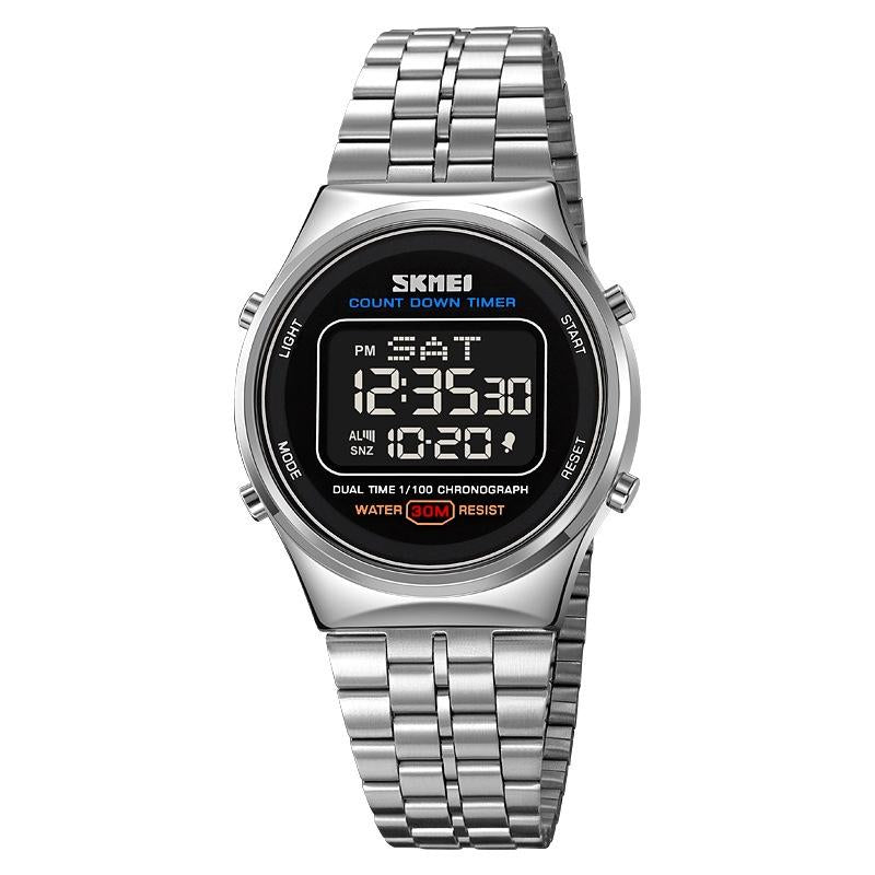 V562-F100827500ADE-202508290111-00 Waterproof Multifunctional Men Digital Watch - Luminous Stainless Steel - 30m - Silver Black - Image 1