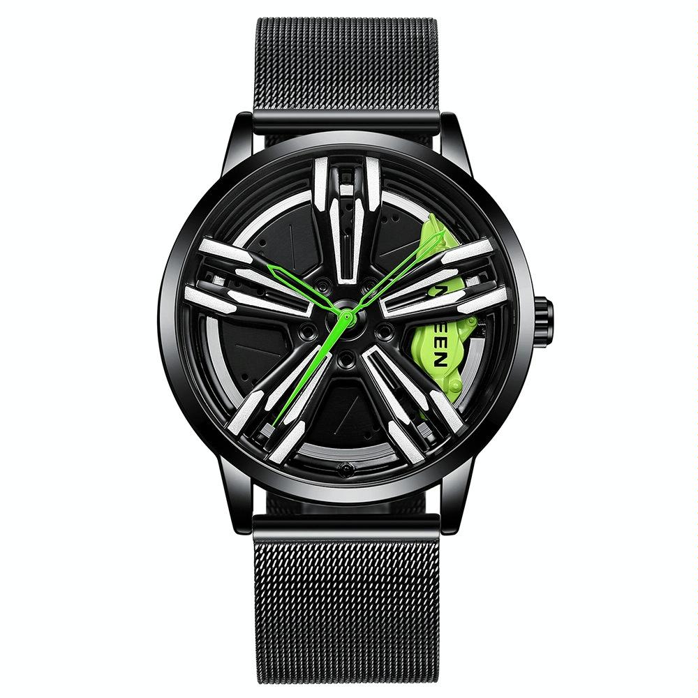 V562-F1041622060DBT-202508282125-00 Men Metal Motorcycle Watch with Rotating Hub - Black Net Black Steel Green Surface - Image 1