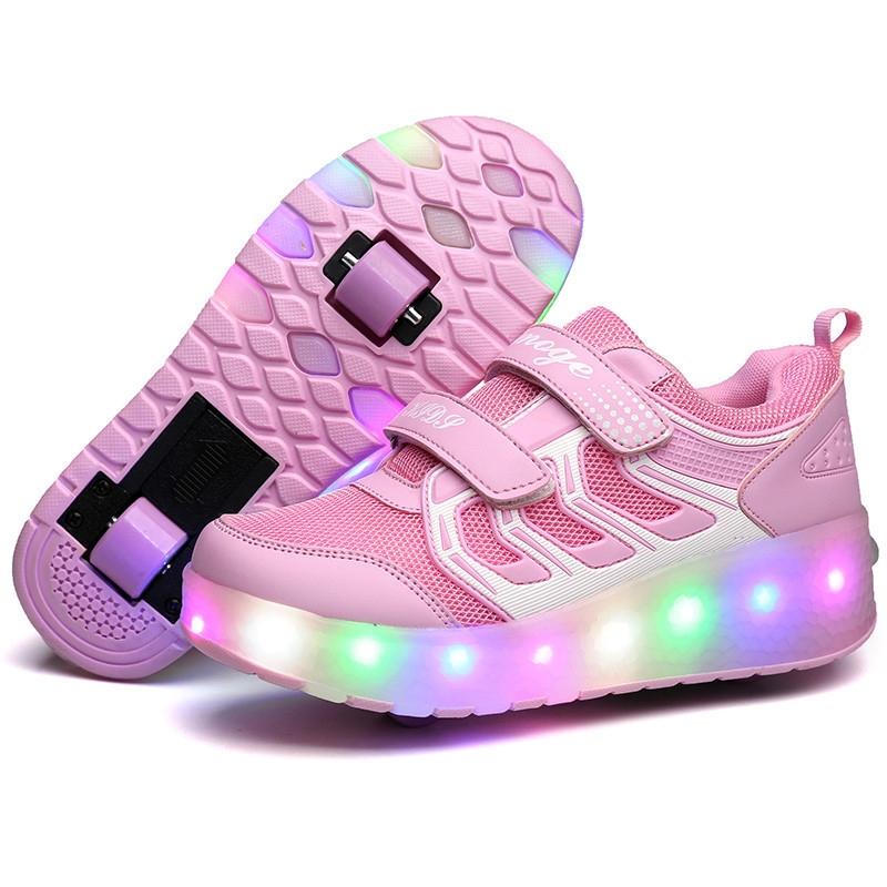 V562-F2693GO-202508281554-00 Rechargeable Double Wheel Roller Skating Shoes - Ultra Light Mesh Surface - Size 30 - Pink - Image 1