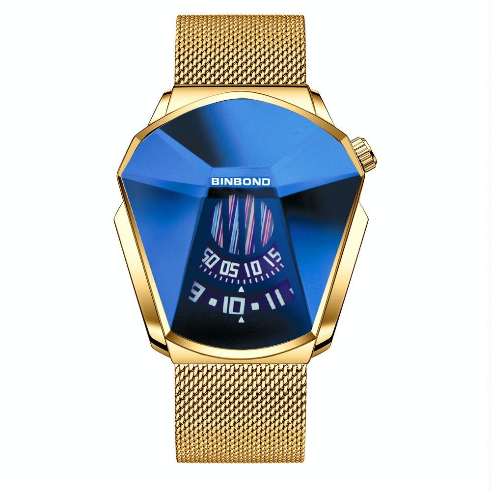 Men Diamond Dial Quartz Watch - Locomotive Concept - Gold Net Full Gold Blue Surface