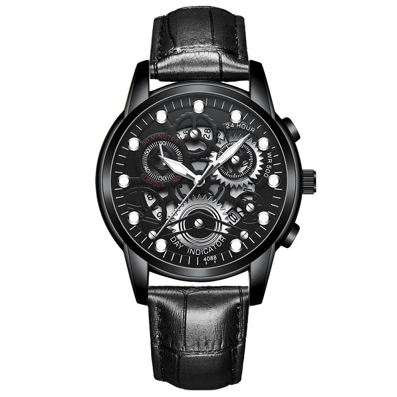 V562-K1008801650DBT-202508281725-00 Waterproof Luminous Men Quartz Watch - Hollow Design - All Black Surface White Nails - Image 1
