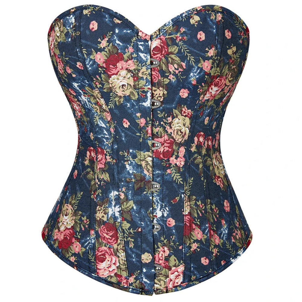 V562-OBBPBBKOIINTLXXN-8-202508291926-00 Floral Lace-Up Denim Corset Plus Size S-6Xl Boned Strapless Blue / Black - Blue - S - Image 1
