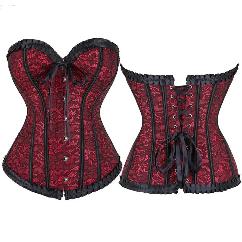 V562-OBBPBBKOTKAILNXX-17-202508291704-00 Fishbone Bow Tight Chest Binder Bustier For Gothic Dress Women 10 Red Purple Ruffled Lace Victorian Corset Top - Red - 6Xl - Image 1
