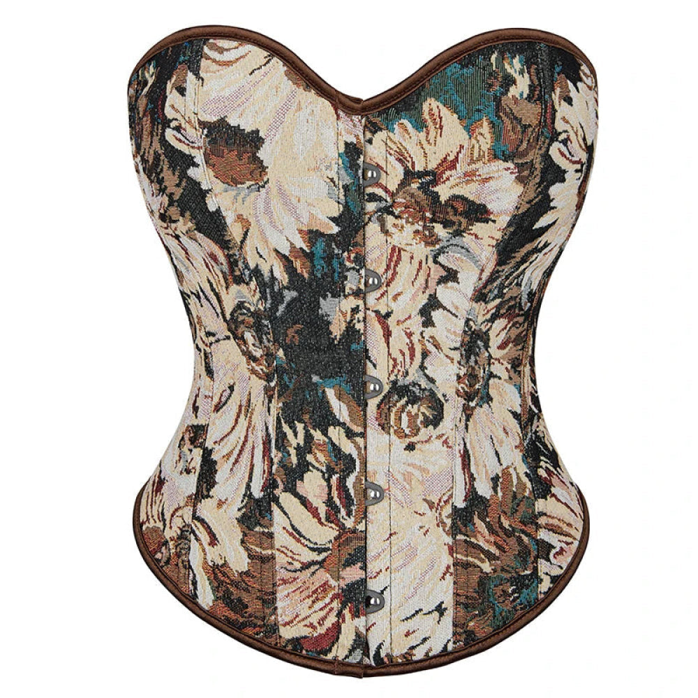 V562-OBBPBBLIAATXLPXK-10-202508291841-00 Floral Print Renaissance Corset 12 Plastic Bones Front 5 Busk Closure Plus Size - Brown 791 - L - Image 1
