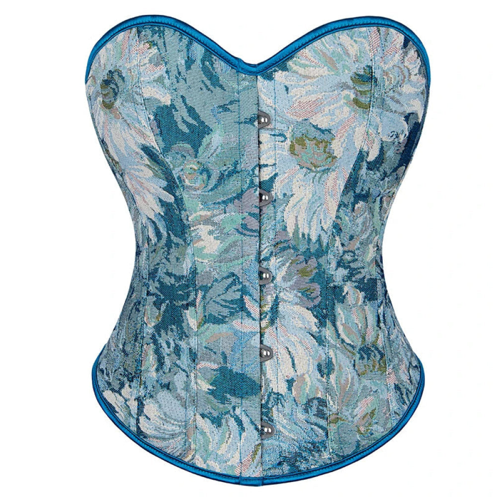 V562-OBBPBBLIAATXLPXK-16-202508291846-00 Floral Print Renaissance Corset 12 Plastic Bones Front 5 Busk Closure Plus Size - Blue 502 - 5Xl - Image 1