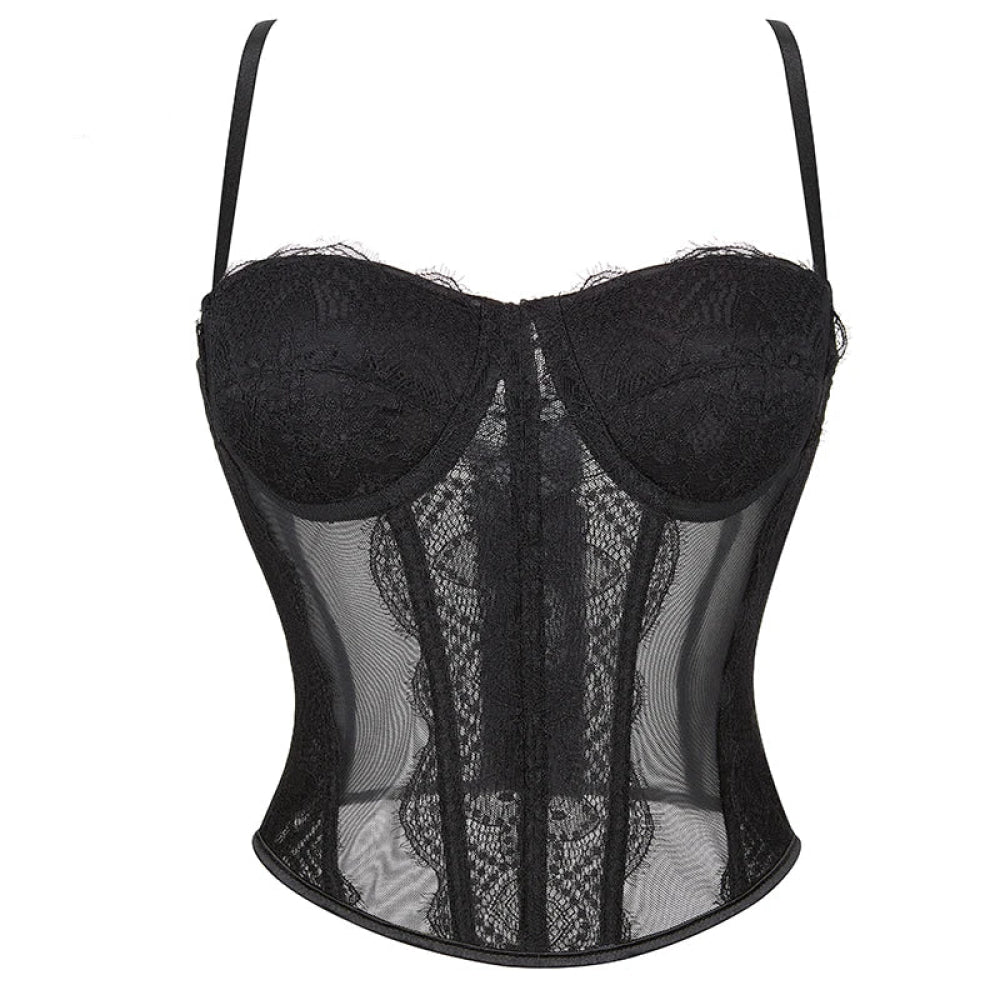 V562-OBBPBBLOIIBKLKKO-6-202508292330-00 Mesh Lace Plus Size Corset With Spaghetti Straps & G-String 9 Plastic Bones Hook Adjust S-Xxxl - Xl - Image 1