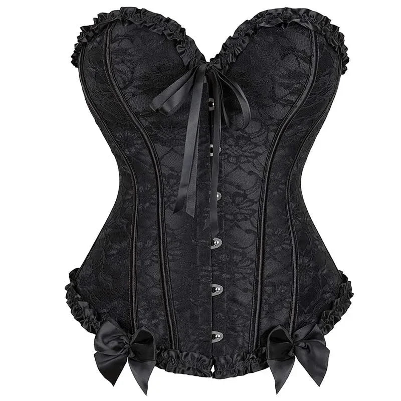 V562-OBBPBBNAKXLLKBPK-2-202508291645-00 Vintage Lace Overlay Corset With Bowknot Detail Lace Up Bone Pleated Mesh Women - M - Image 1