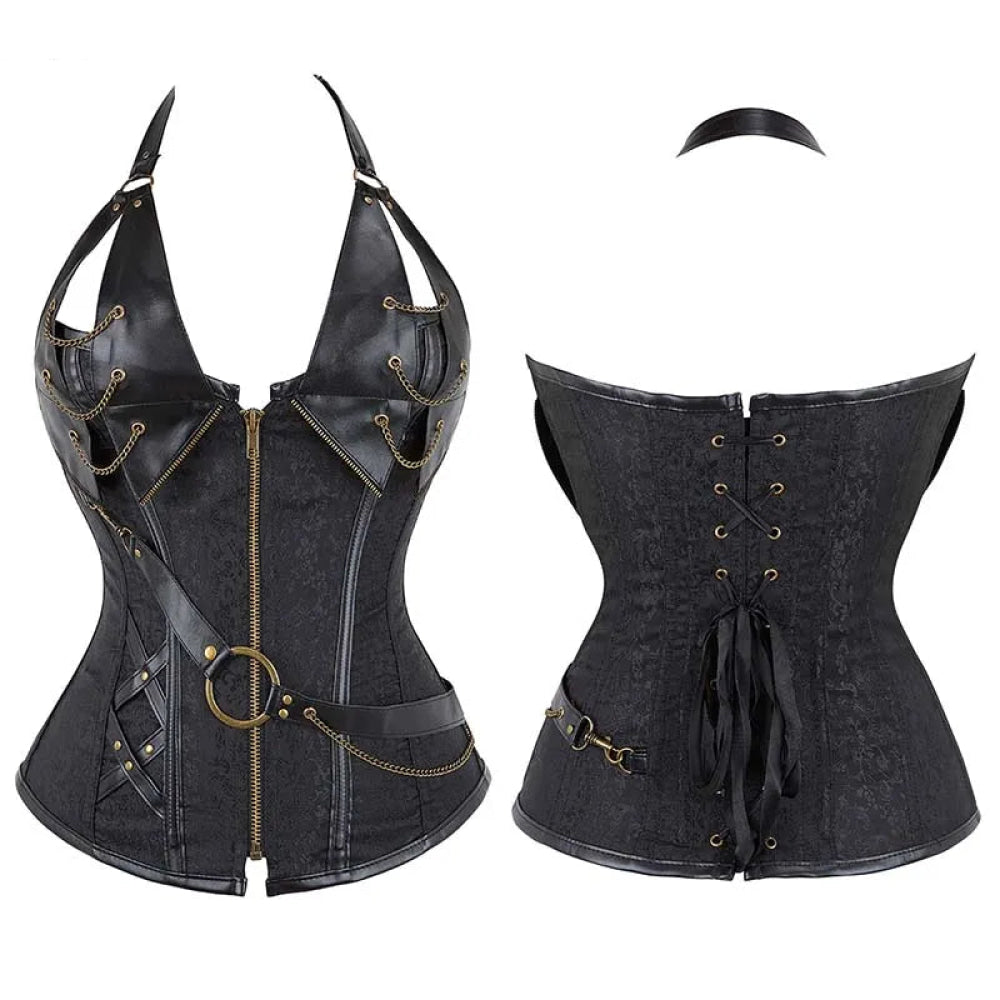 V562-OBBPBBNIPPBOAAAN-10-202508291815-00 Deep V Halter Chest Binder Bustier Black Brown Steampunk Gothic Corset Plus Size With Zip - Black - Xxl - Image 1