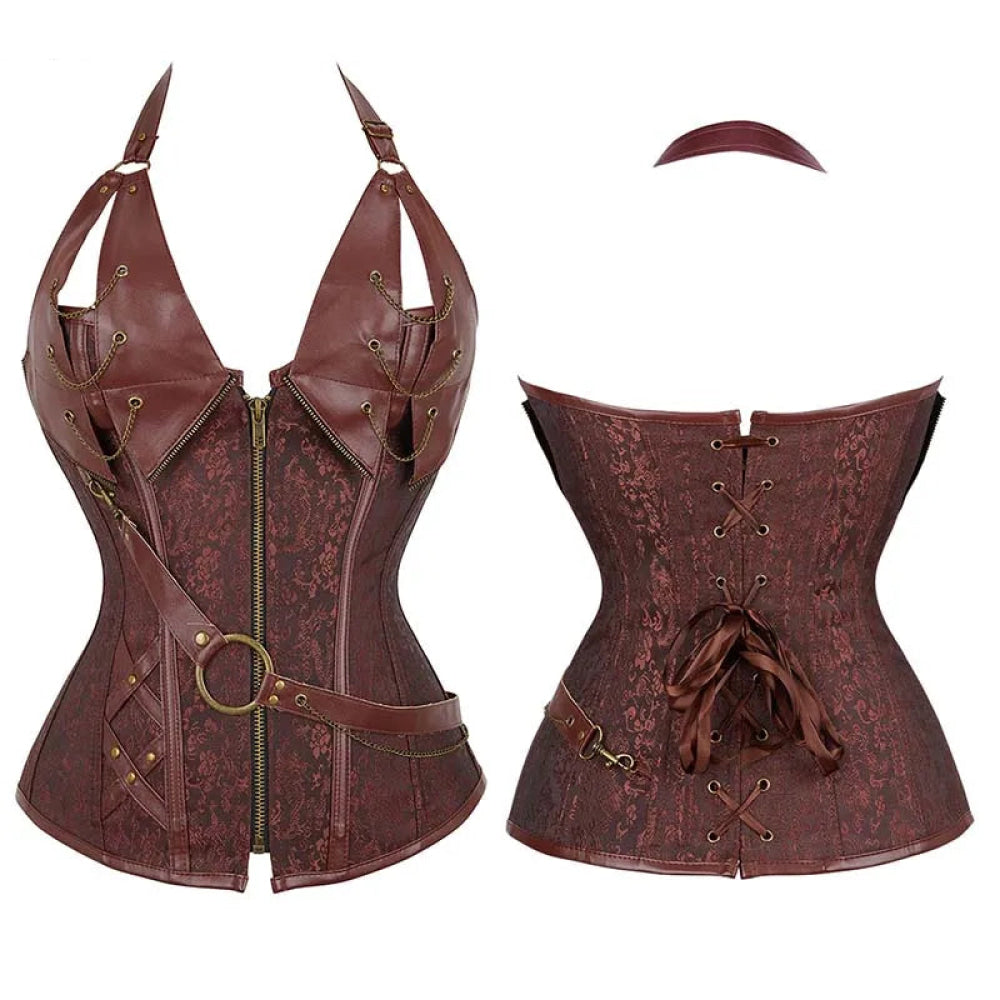 V562-OBBPBBNIPPBOAAAN-18-202508291821-00 Deep V Halter Chest Binder Bustier Black Brown Steampunk Gothic Corset Plus Size With Zip - Brown - Xxxl - Image 1