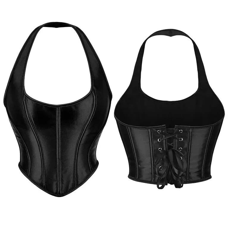 V562-OBBPBBNKATINBIPB-5-202508292021-00 Black Gothic Corset Top Plus Size Slimming Bustier With Halter-Strap And Satin Material - 5Xl - Image 1