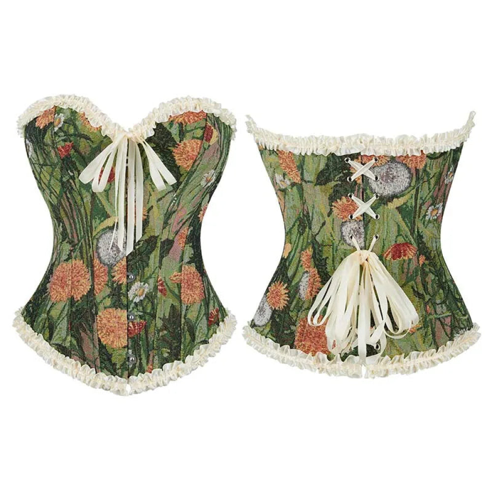V562-OBBPBBNKAXIINXKB-1-202508291740-00 Green Floral Print Boned Corset Front Busk Closure Bowknot Bandage Victorian Style - S - Image 1