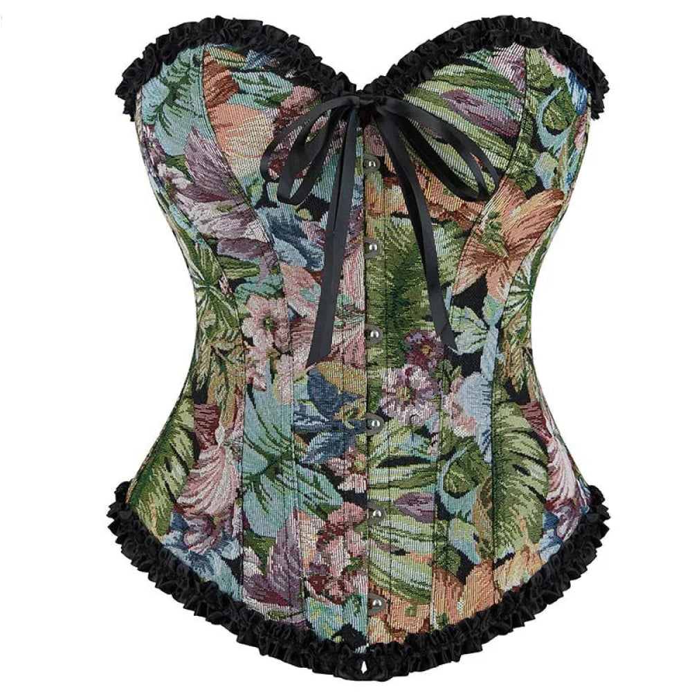 V562-OBBPBBNKAXTPPIXN-3-202508291826-00 Floral Print Lace Trimmer Boned Strapless Corset Gothic Vintage Style - S - Image 1