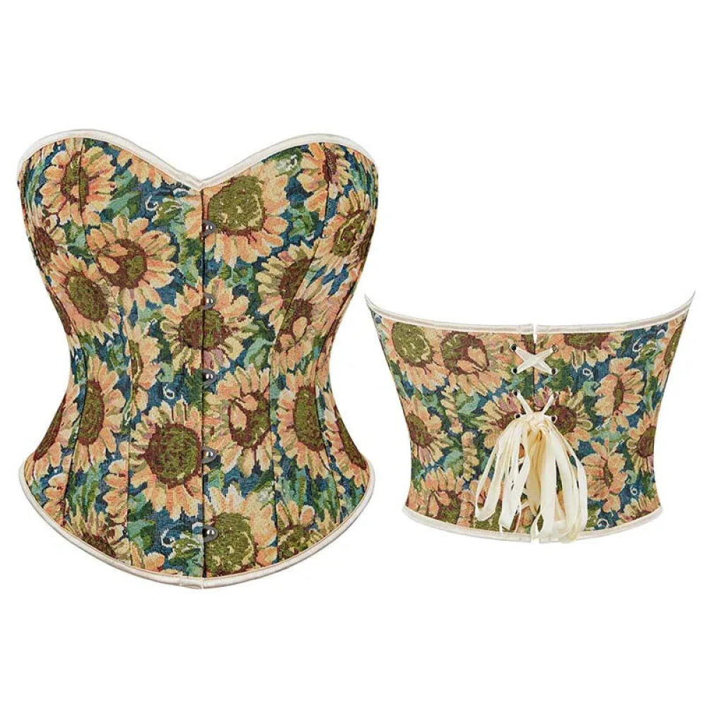 V562-OBBPBBNKBLBINIXL-5-202508291715-00 Floral Sunflower Lace Bustier Plus Size Xs-Xxl Front Busk Lace Up Boned Strapless Seamless Corset - Xxl - Image 1