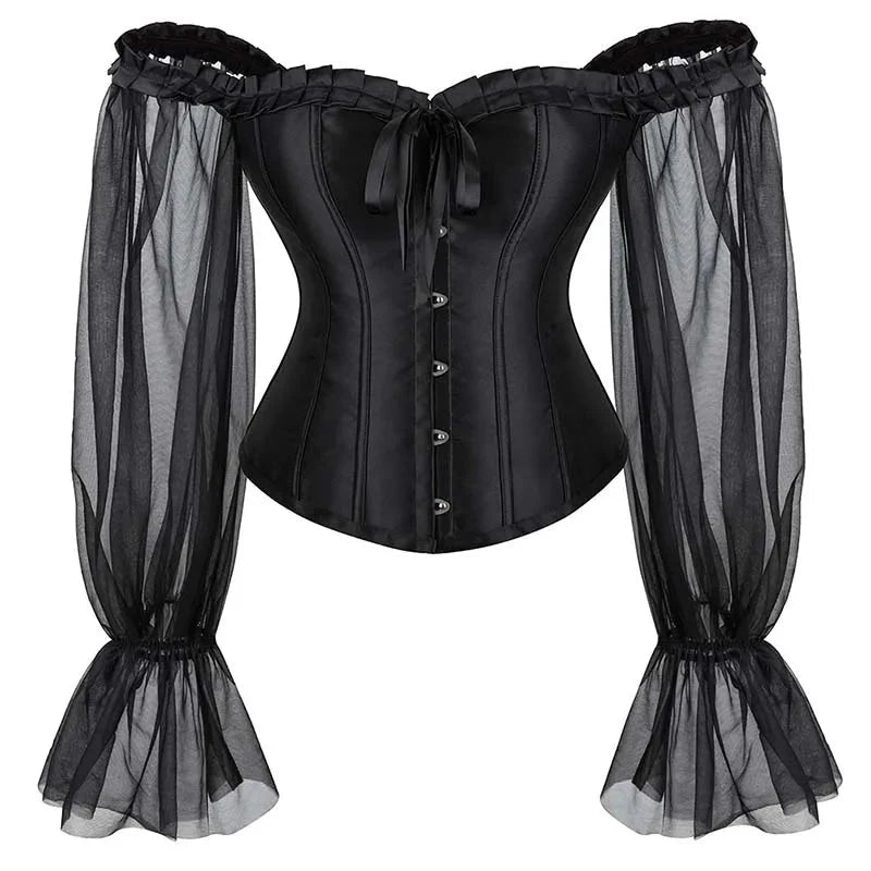 V562-OBBPBBNKNNXXNALO-5-202508292010-00 Ruffled Gothic Corselet Top With Puff Sleeves And Lace-Up Boning Transparent Satin Overbust Corset For Women - 6Xl - Image 1