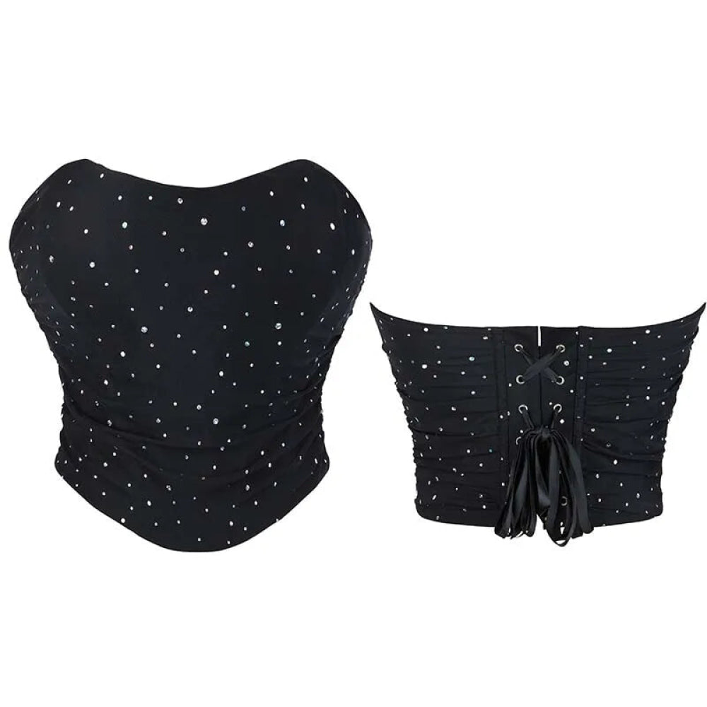 V562-OBBPBBNKTLLXOBON-5-202508292031-00 Black Ruched Hem Corset Crop Top For Plus Size Women Back Lace Tight Fit Sequined Detailing S-Xxl - S - Image 1