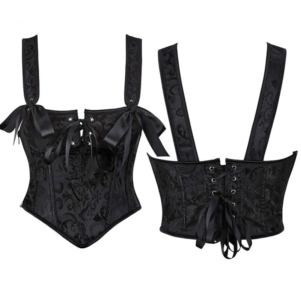 V562-OBBPBBNKXLTNKOXN-9-202508291853-00 Floral Lace-Up Gothic Crop Top Sleeveless Boned Corset With Strap - M - Image 1