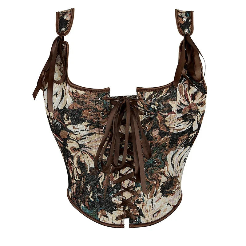 V562-OBBPBBNLKPATNOOP-9-202508292040-00 Brown Steampunk Corset Bustier Shoulder Strap Sleeveless Tank Top With Lace-Up Boning - 5Xl - Image 1
