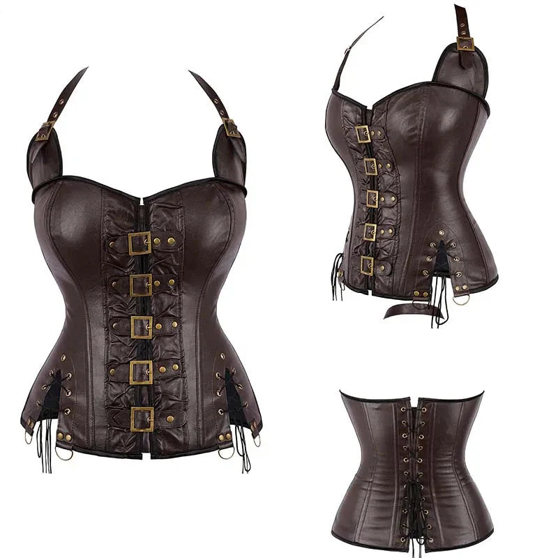 V562-OBBPBBNLOLNOPONA-9-202508291653-00 Steampunk Corselet With Zip & Buckle Women Gothic Fishbone Corset - Brown - M - Image 1