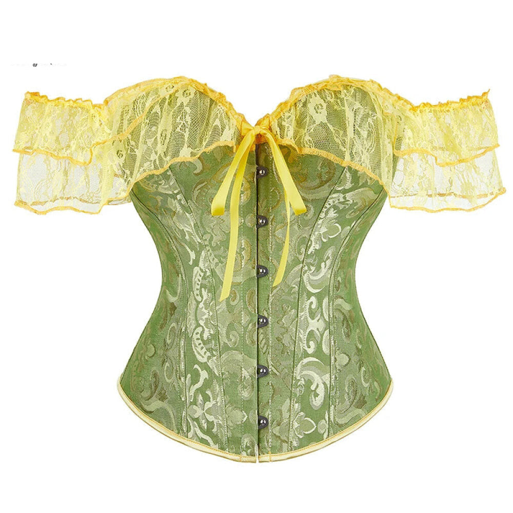 V562-OBBPBBNLONPPPTON-13-202508291936-00 Brown Steampunk Corset With Front Busk Closure Floral Lace And Puff Sleeves - Green - Xl - Image 1