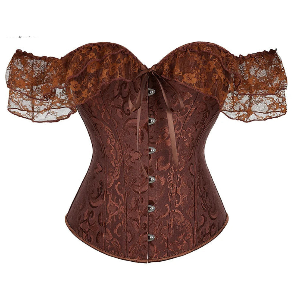 V562-OBBPBBNLONPPPTON-19-202508291941-00 Brown Steampunk Corset With Front Busk Closure Floral Lace And Puff Sleeves - Brown - 5Xl - Image 1