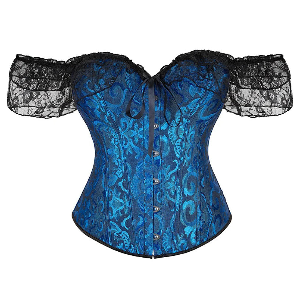 V562-OBBPBBNLONPPPTON-27-202508291955-00 Brown Steampunk Corset With Front Busk Closure Floral Lace And Puff Sleeves - Dark Blue - L - Image 1