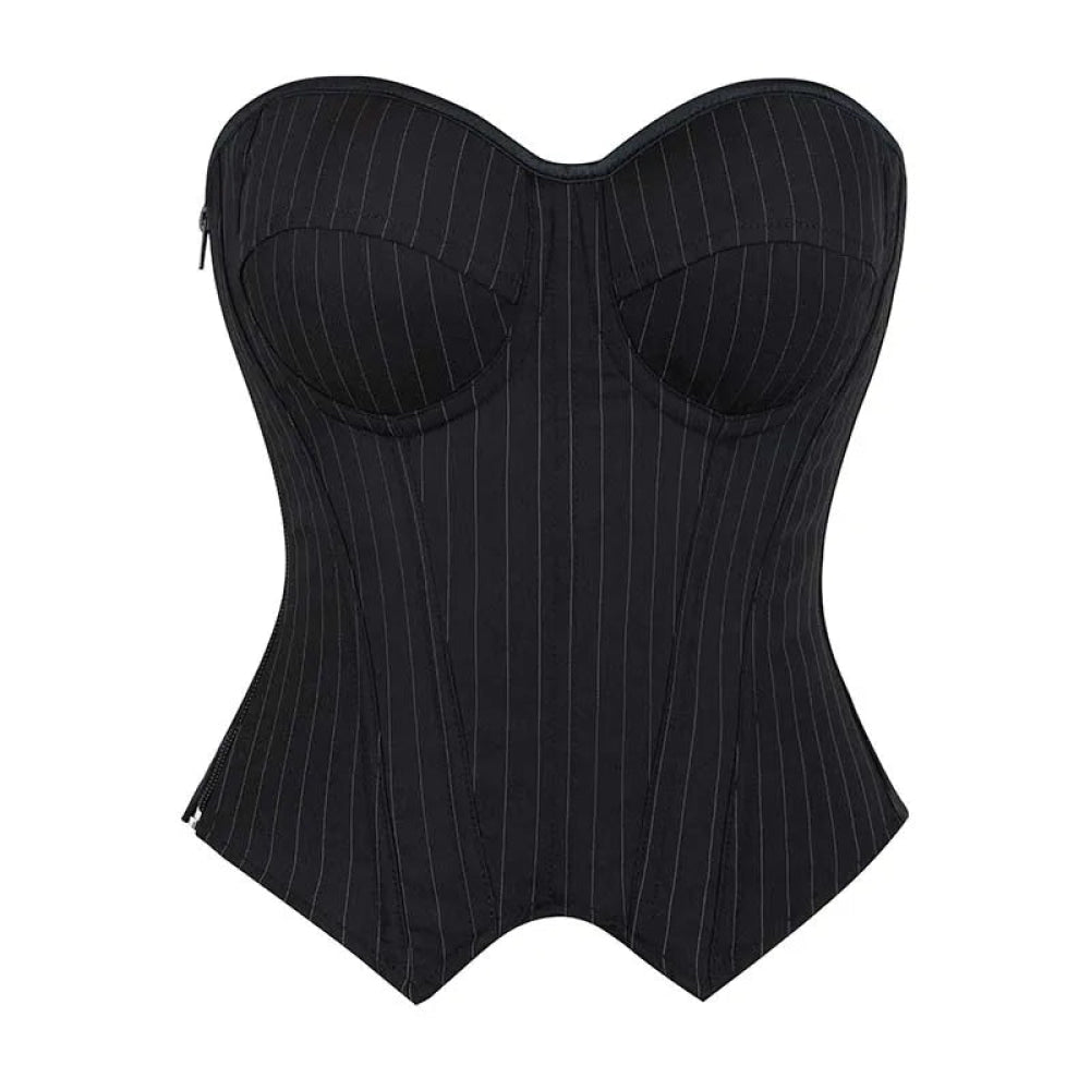 V562-OBBPBBNNNNBOIBKL-11-202508291845-00 Push Up Pin Stripe Bustier Lace Up Boned Corset Top For Women - Black - S - Image 1