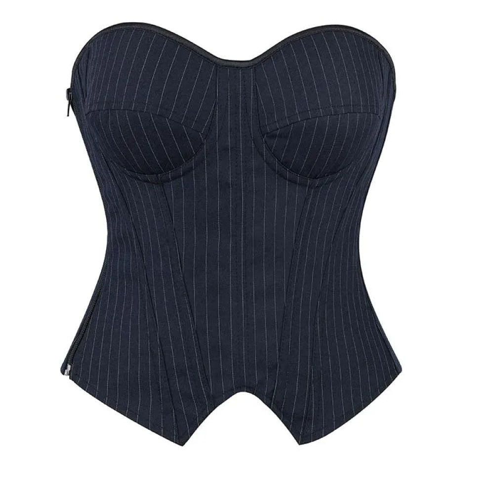 V562-OBBPBBNNNNBOIBKL-6-202508291841-00 Push Up Pin Stripe Bustier Lace Up Boned Corset Top For Women - Navy Blue - M - Image 1