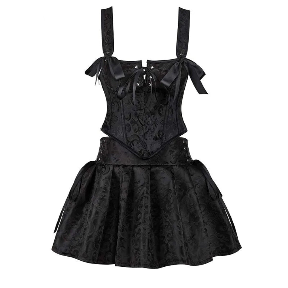 V562-OBBPBBNPLXKLIKAT-2-202508291752-00 Floral Jacquard Lace-Up Boned Corset Dress With Fishbone Support And Gothic Crop Top Skirt Set - M - Image 1