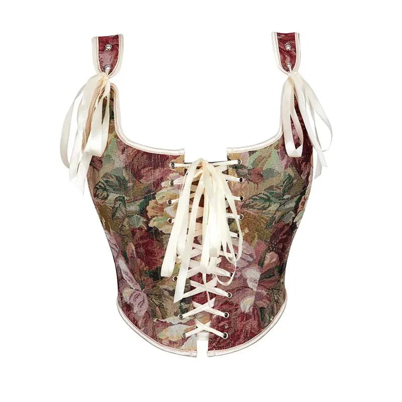 V562-OBBPBBNPPBLXLPII-1-202508292330-00 Floral Print Bowknot Tie Strap Sleeveless Vest Corset Bustier Plus Size S-Xxl - Xxl - Image 1