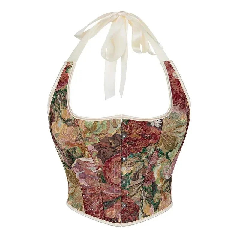 V562-OBBPBBNPTANOBNOT-2-202508292015-00 Retro Floral Print Halterneck Corset Top Front Busk Closure Plus Size Xs-Xxl - S - Image 1