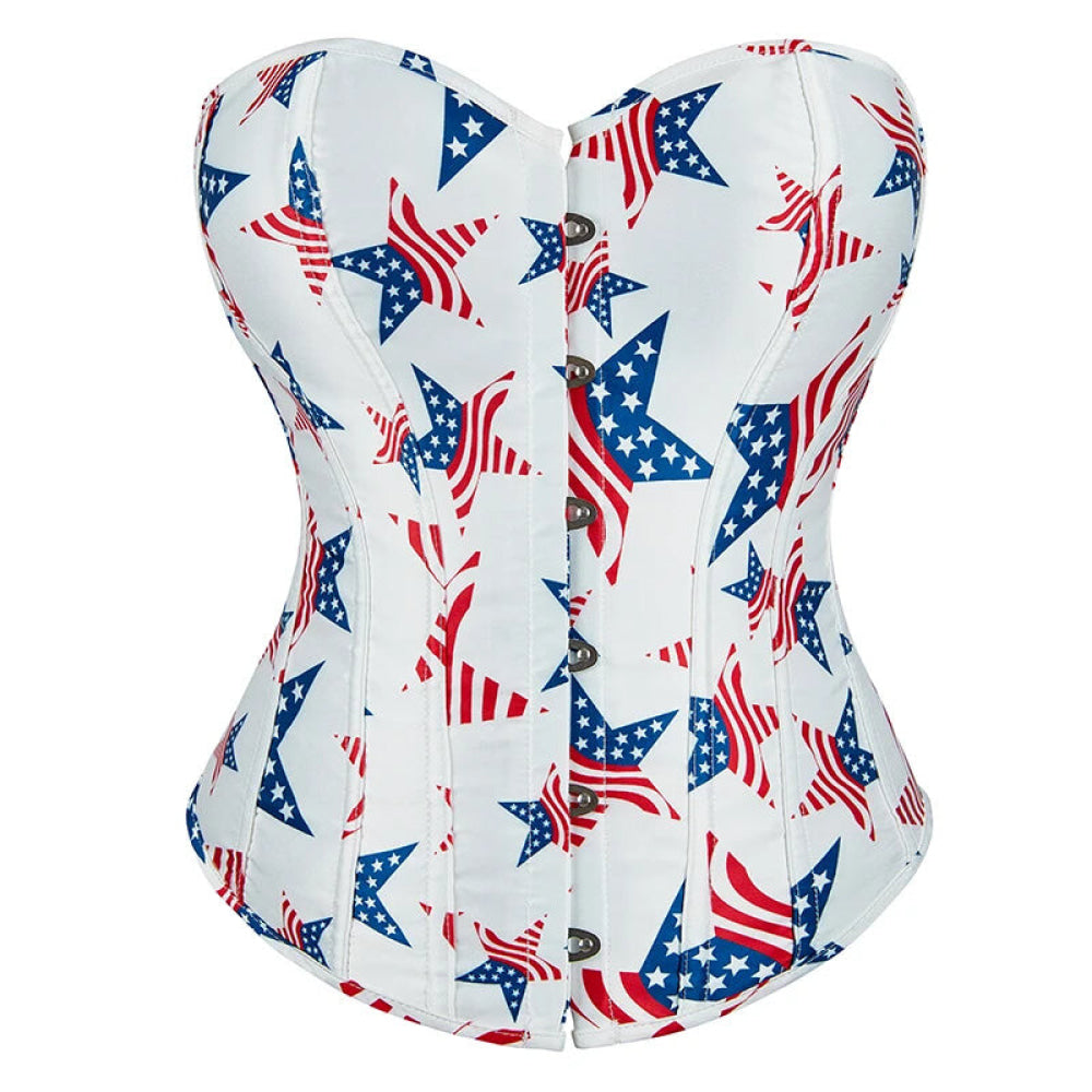 V562-OBBPBBNTBKBPATIT-3-202508291745-00 Vintage Gothic Fish Bones Lace Up Satin Overbust Corset White Usa Flag Design - L - Image 1