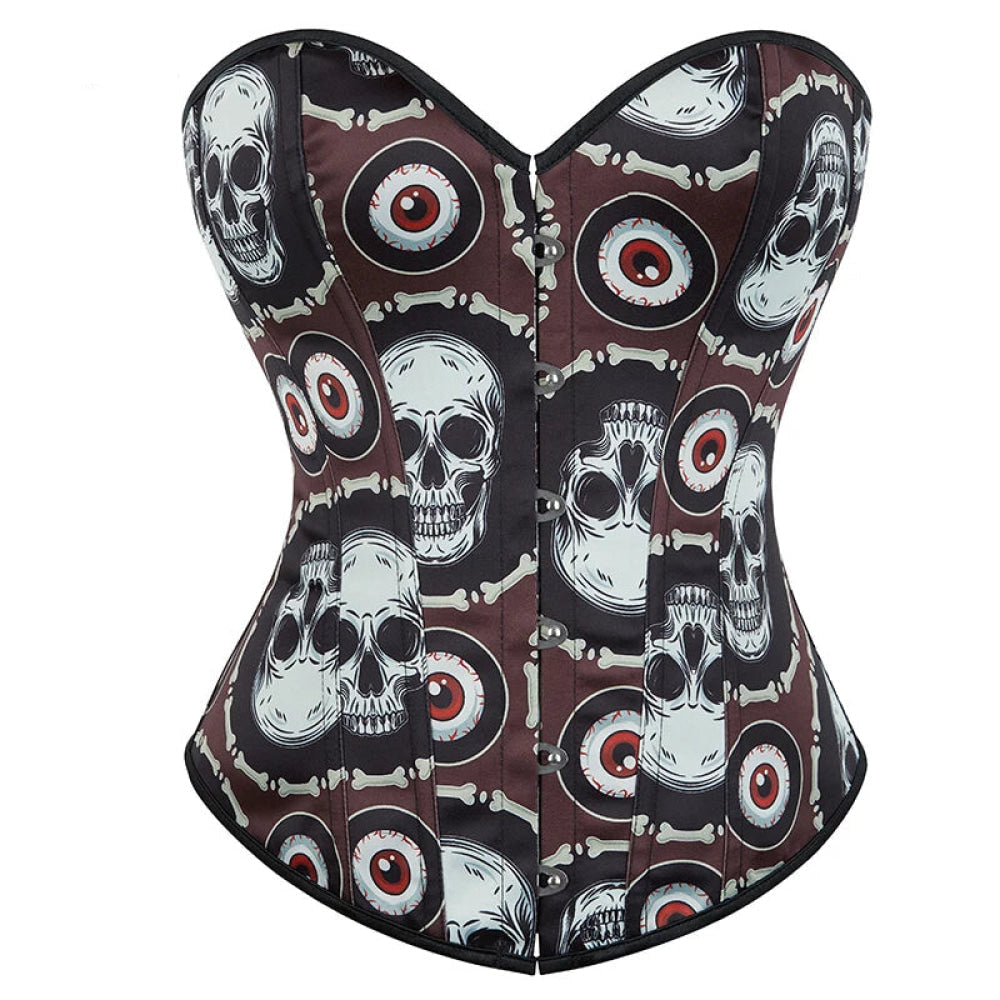 V562-OBBPBBNTOIIPITNB-3-202508291736-00 Skull Print Gothic Corset Front Busk Closure Lace Up Boned Plus Size Xs-Xl - L - Image 1
