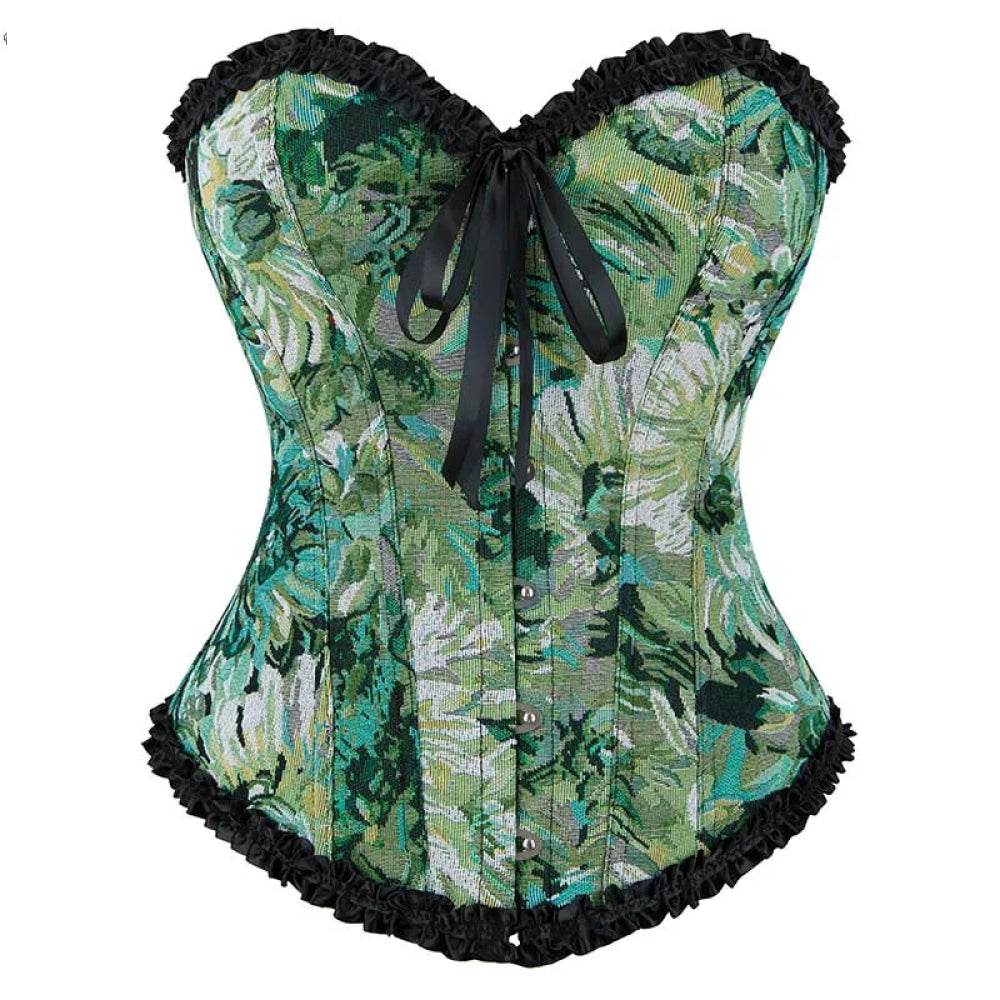 V562-OBBPBBNTOPBXBTIP-5-202508300006-00 Ruffled Lace Trim Boned Corset Top Green Renaissance Christmas Lingerie - Xs - Image 1