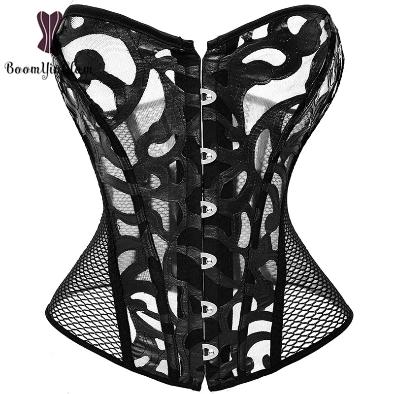 V562-OBBPBBTTTAXNBLNP-10-202508291730-00 Mesh Net Corset Black White See Through Bustier For Alluring Slimming And Breathability - White - L - Image 1