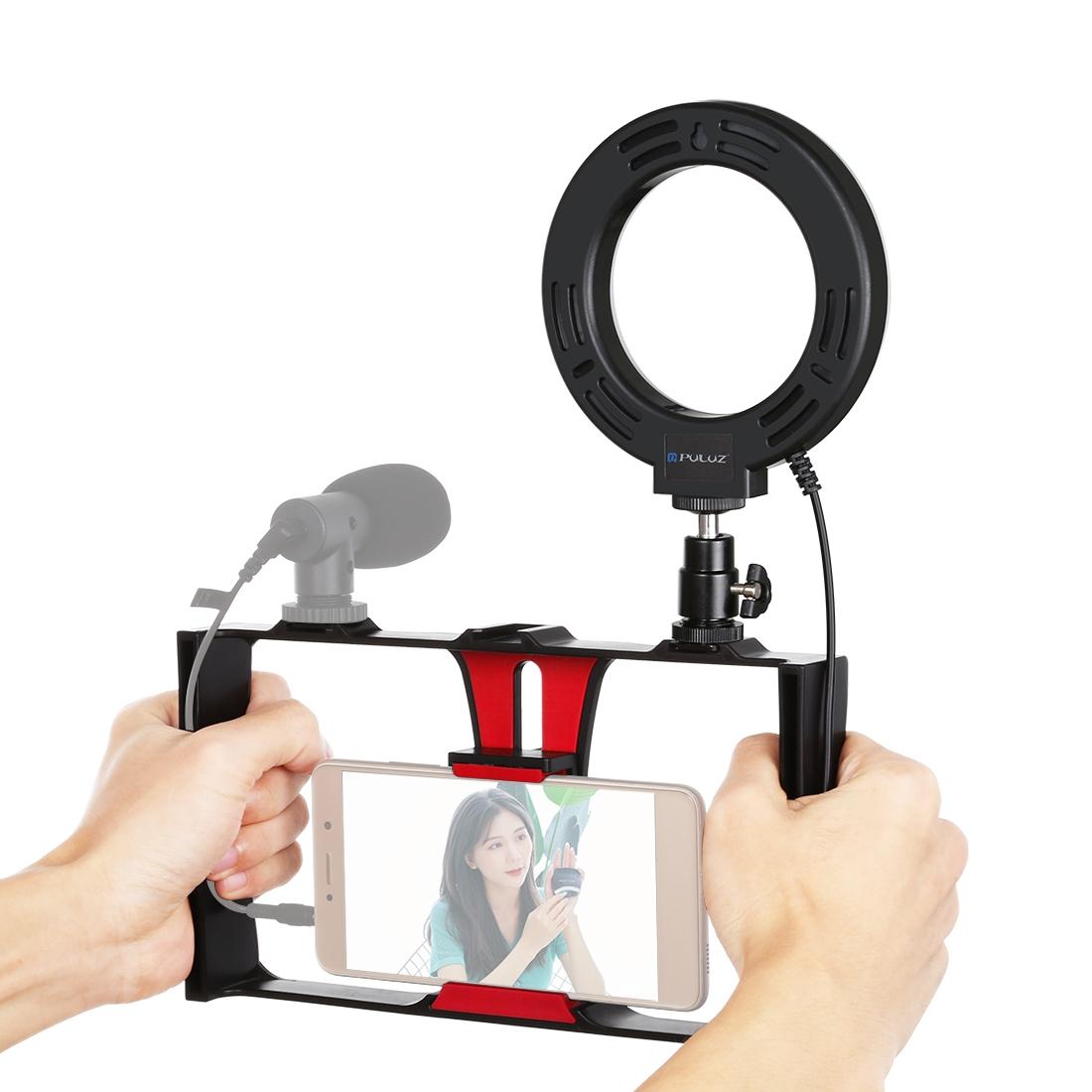 V562-R6203TKP-202508280526-00 Vlogging Live Broadcast Smartphone Video Rig With 4.7 Inch Ring Led Selfie Light Kit And Cold Shoe Tripod Head - Red - Image 1
