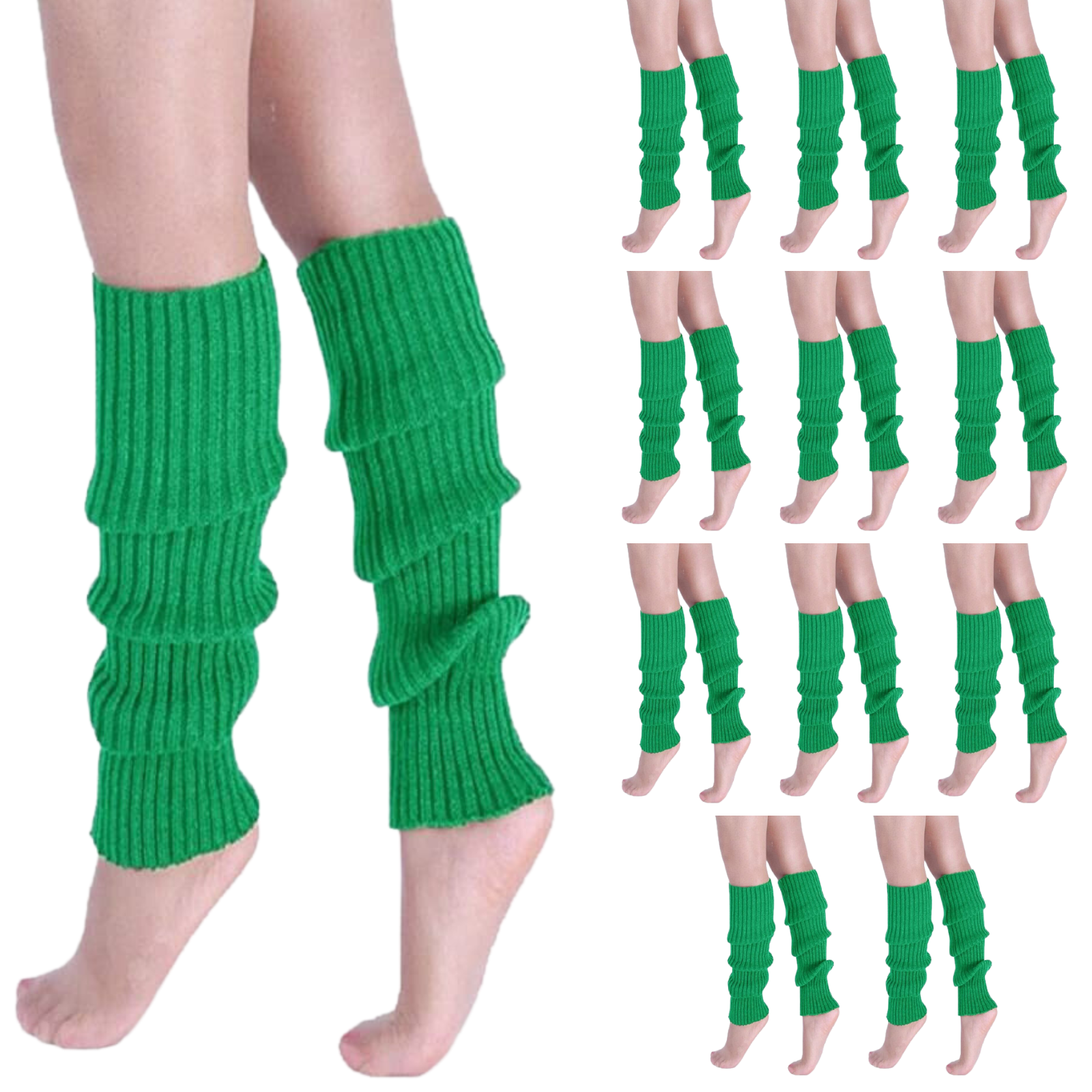 V563-BR-12LEGWARMRS-GRN-202508190835-00 12x LEG WARMERS Knitted Womens Costume Neon Dance Party Knit 80s BULK - Green - Image 1