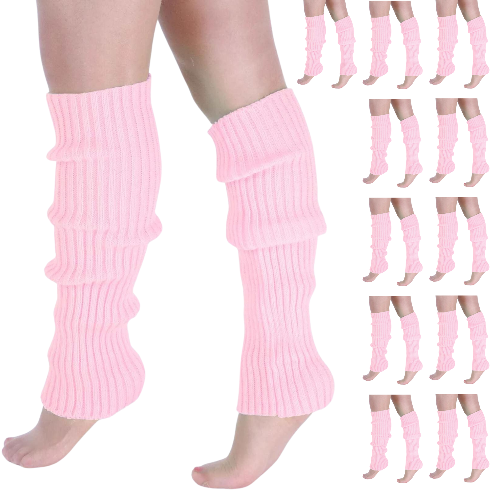 V563-BR-12LEGWARMRS-LHTPNK-202508190835-00 12x LEG WARMERS Knitted Womens Costume Neon Dance Party Knit 80s BULK - Light Pink - Image 1